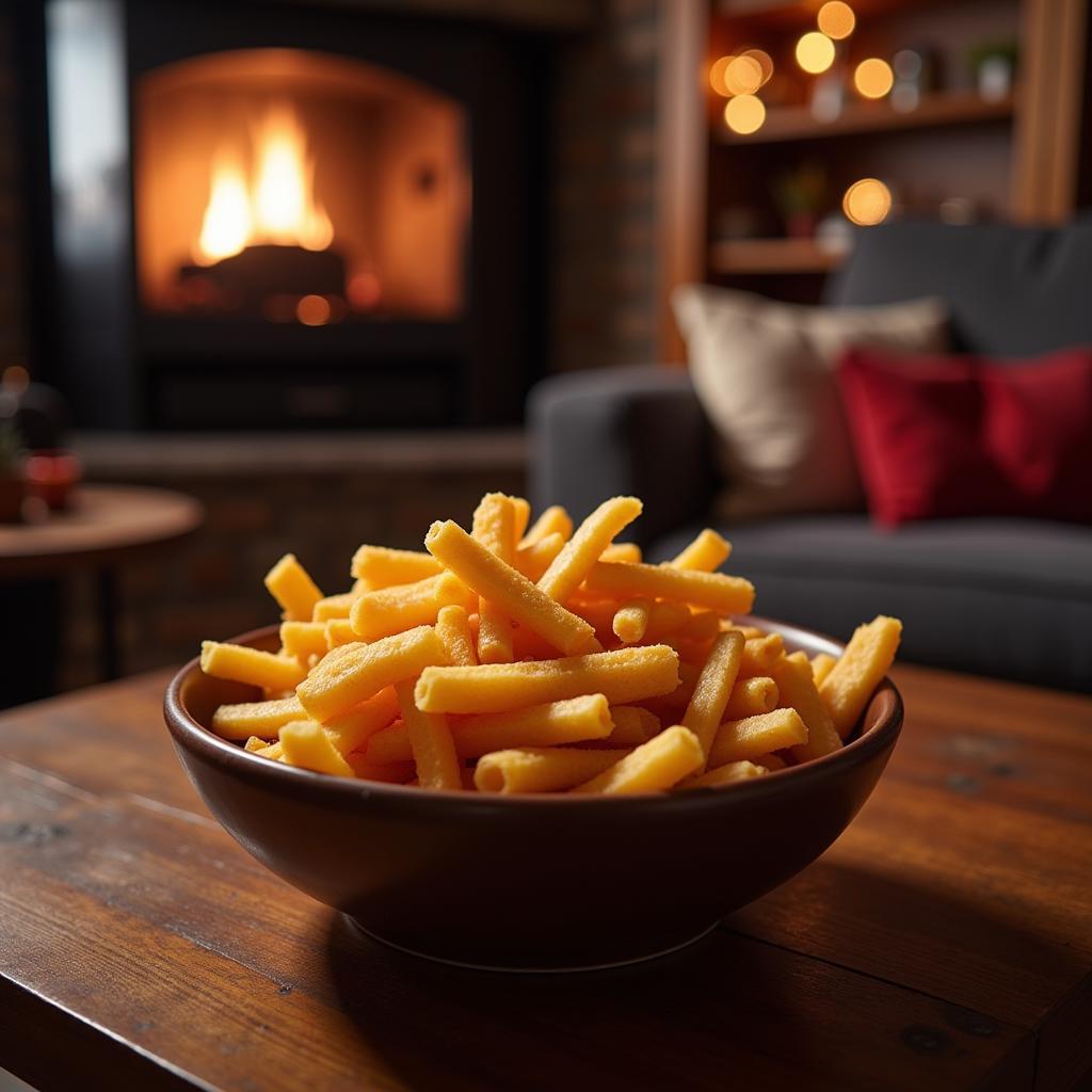 A bowl of french fry candy enjoyed during a movie night with friends.