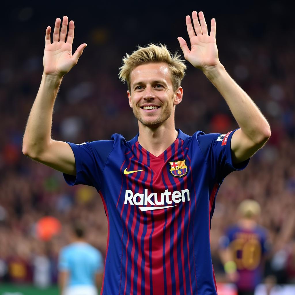 Frenkie de Jong acknowledging fans while wearing his Barcelona jersey