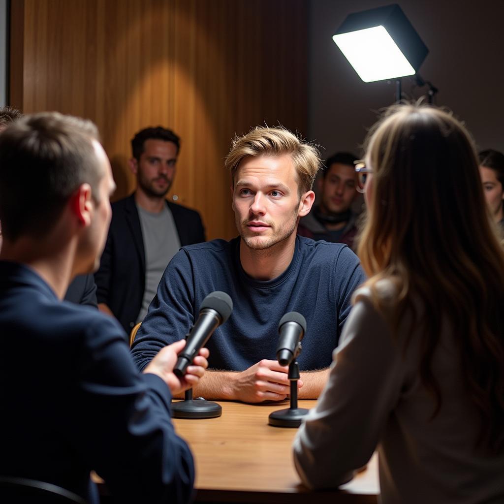 Frenkie de Jong speaking into a microphone at a press conference