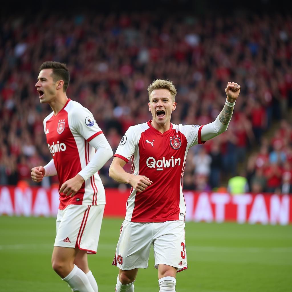 Frenkie de Jong celebrates a goal with Ajax teammates