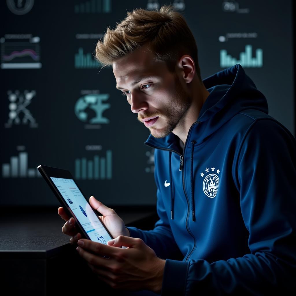 Frenkie de Jong studying digital analytics on a tablet