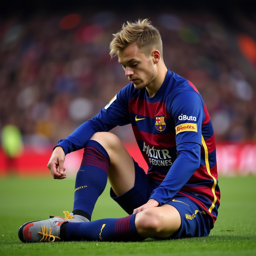 Frenkie de Jong in Barcelona kit adjusting his socks