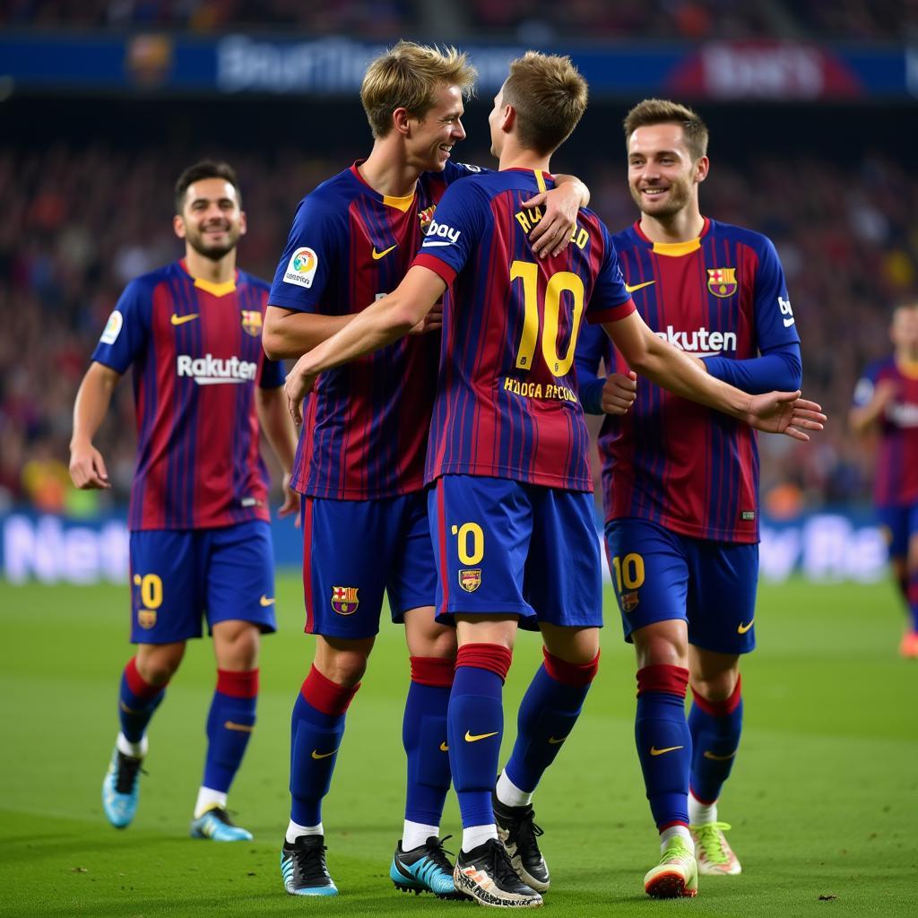 Frenkie de Jong celebrates a goal with his Barcelona teammates