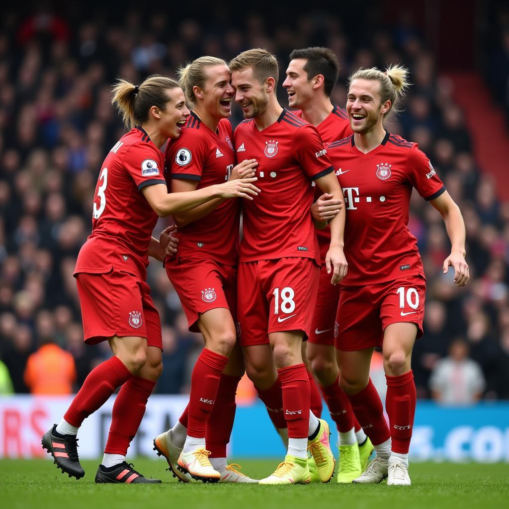 Frenkie de Jong celebrates a goal with his teammates, showcasing the joy of teamwork and shared success