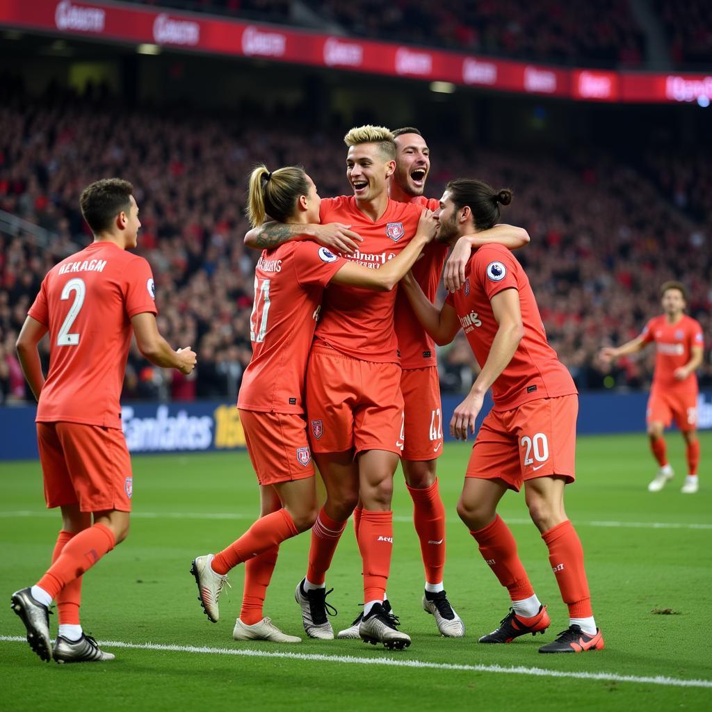 Frenkie de Jong celebrates a goal with his teammates, highlighting the importance of teamwork and camaraderie