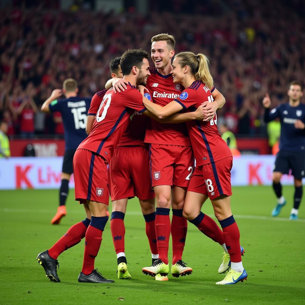 Frenkie de Jong celebrating a goal with his teammates