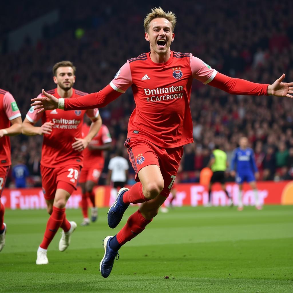 Frenkie de Jong celebrating a goal with teammates