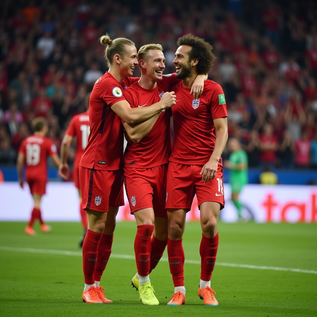 Frenkie de Jong celebrates a goal with Barcelona teammates