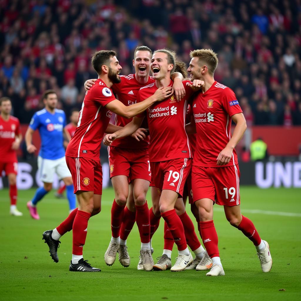 Frenkie de Jong celebrates a goal with his teammates