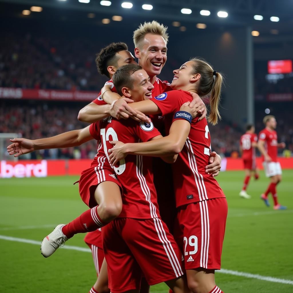 Frenkie de Jong celebrates a goal with his teammates, showcasing team spirit