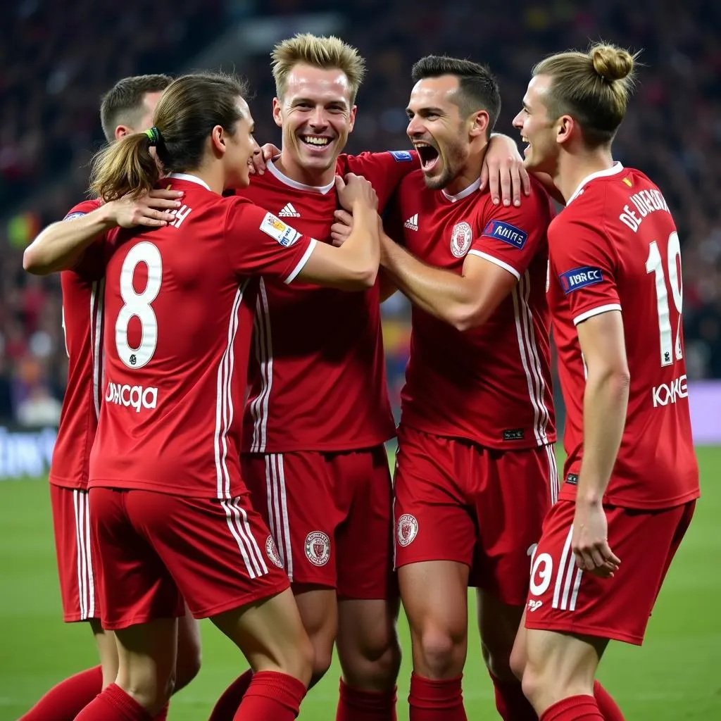 Frenkie de Jong celebrates a goal with his teammates, showcasing the joy and camaraderie of football