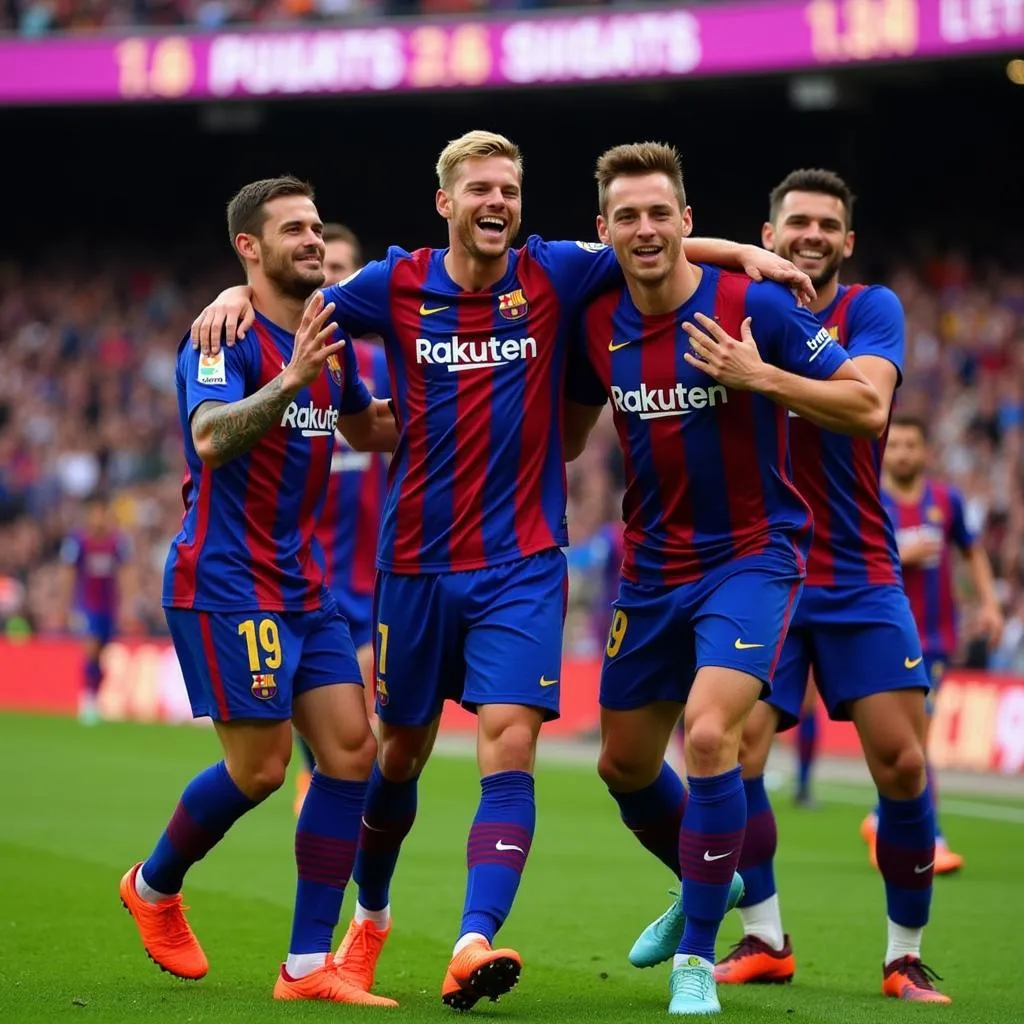 Frenkie de Jong celebrates a goal with his Barcelona teammates