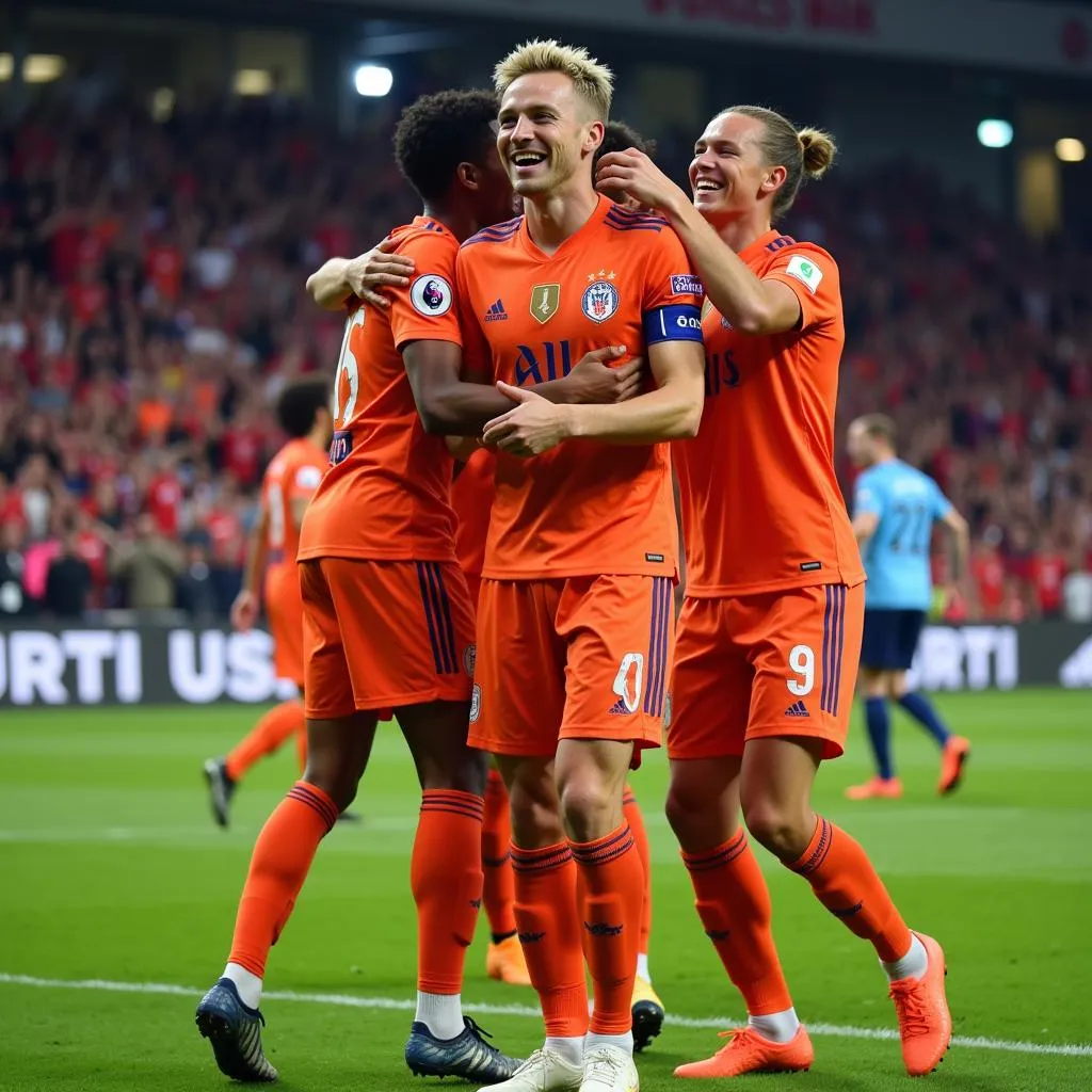 Frenkie de Jong celebrates a goal with his Barcelona teammates, highlighting the importance of teamwork and shared success