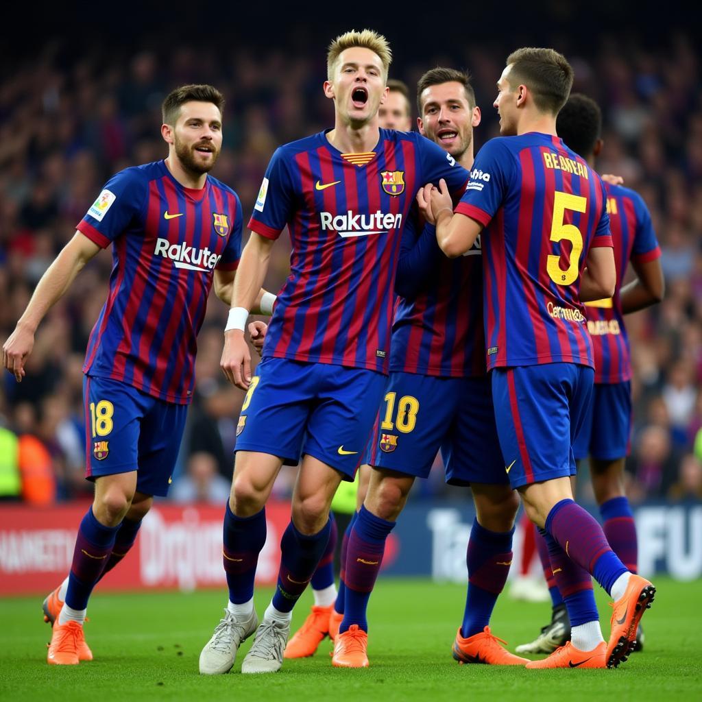 Frenkie de Jong celebrates a goal with his teammates, emphasizing the importance of teamwork and shared success.