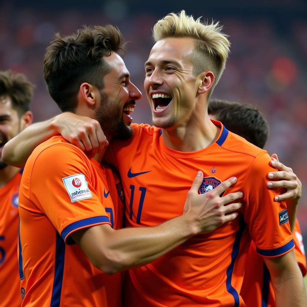 Frenkie de Jong celebrates a goal, surrounded by his joyful teammates