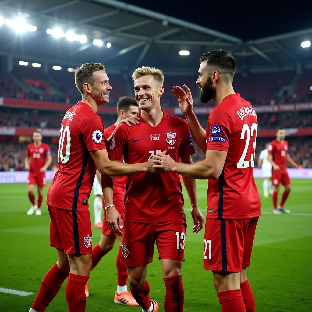 Frenkie de Jong celebrates a victory with his teammates, emphasizing the importance of teamwork and shared goals