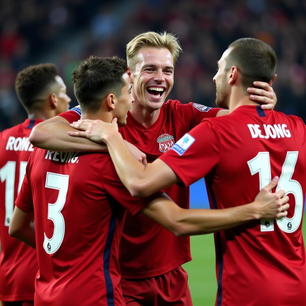 Frenkie de Jong celebrating a victory with teammates