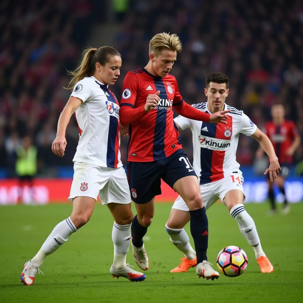 Frenkie de Jong showcasing his exceptional ball control in a crowded midfield.