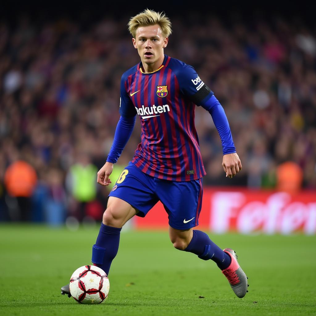 Frenkie de Jong controlling the midfield with precise passes and tactical awareness.