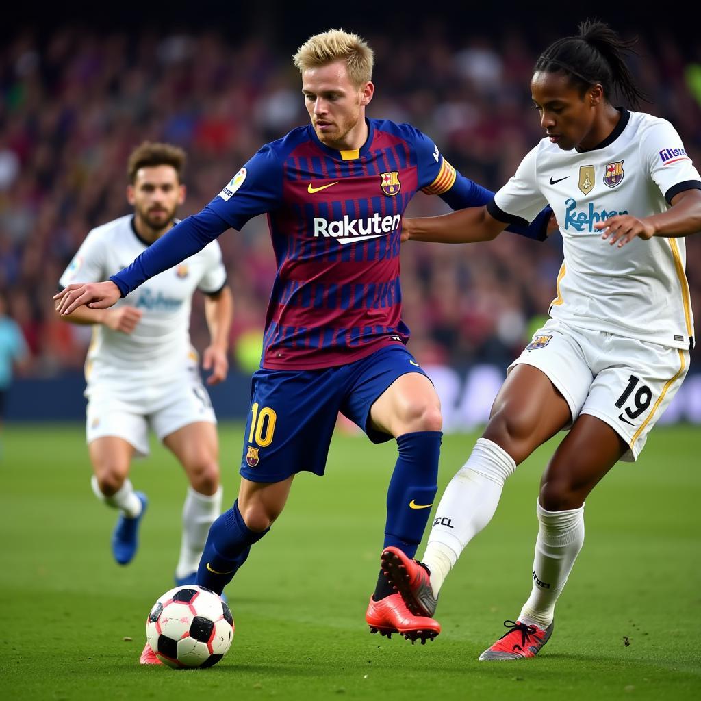 Frenkie de Jong controlling the midfield with precise passes and tactical awareness