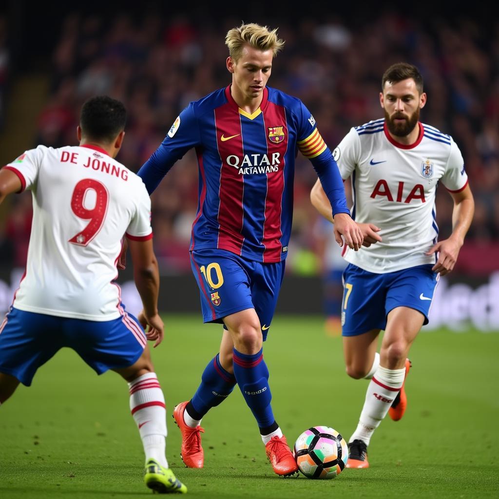 Frenkie de Jong expertly controls the ball in a tight space, showcasing his agility and close control.