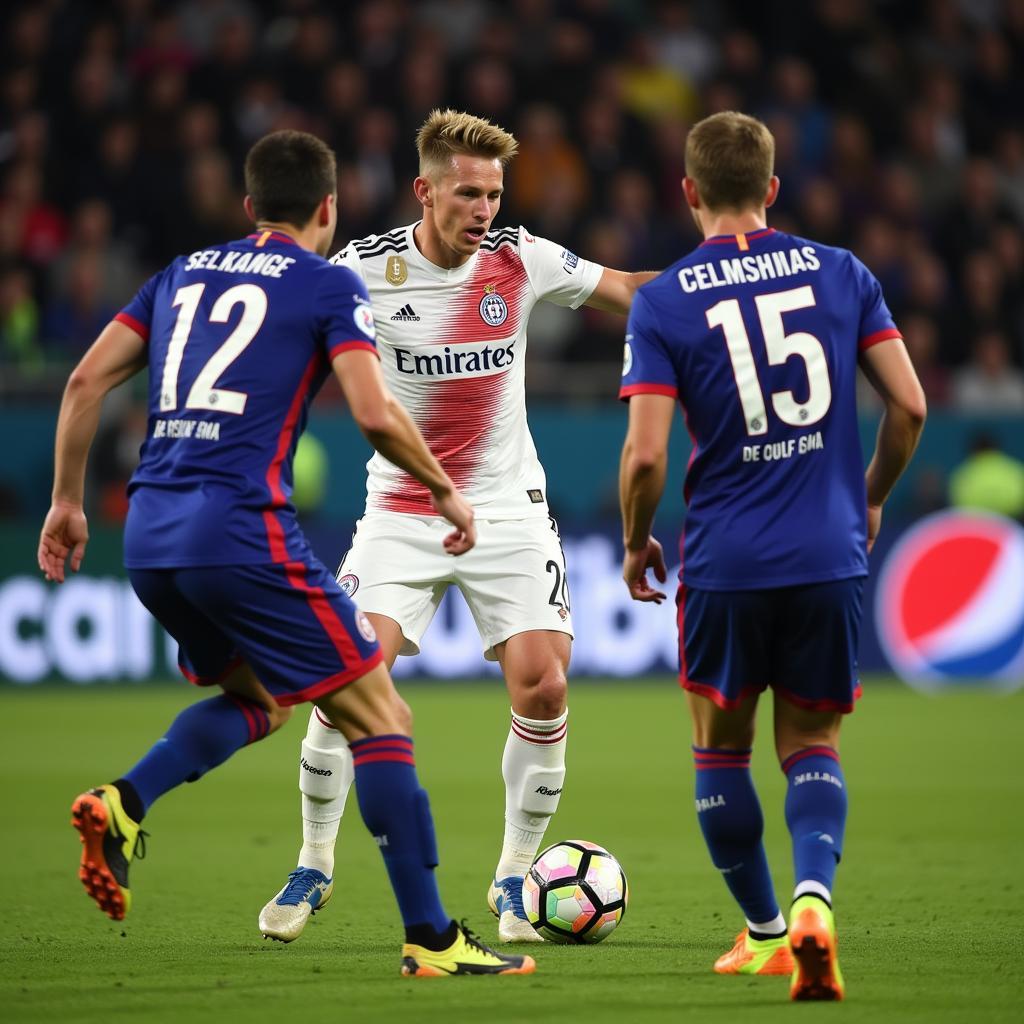 Frenkie de Jong skillfully controls the ball in a crowded midfield