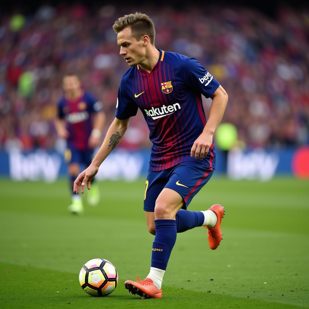 Frenkie de Jong expertly controls the ball, showcasing his exceptional first touch and vision on the pitch