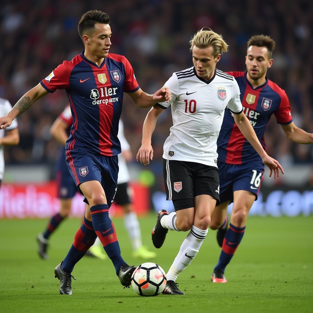 Frenkie de Jong expertly controlling the ball under pressure from an opponent during an intense Acela League match.