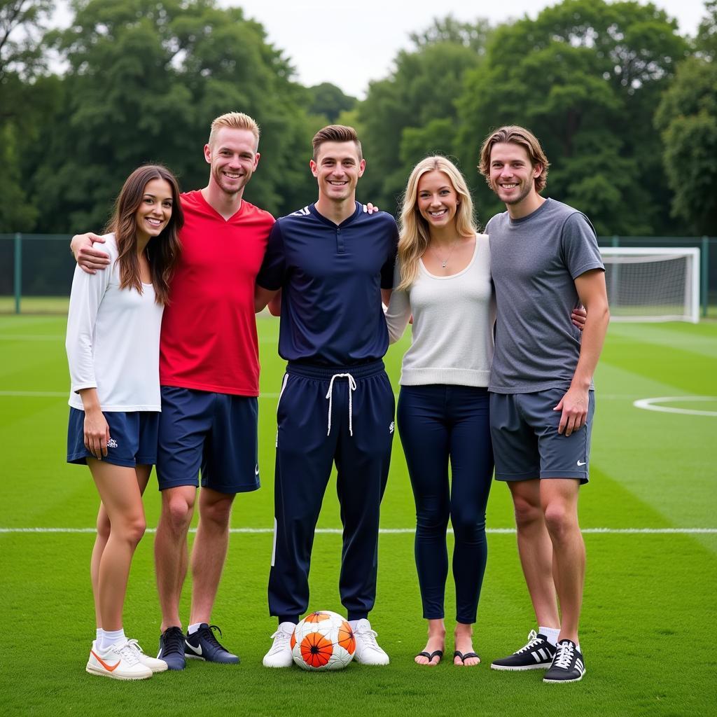 Frenkie de Jong and his family smiling on a football field