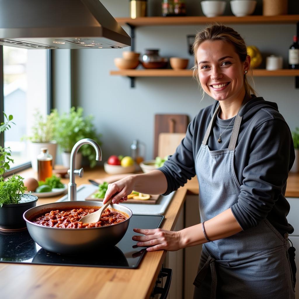 Frenkie de Jong preparing a pot of chili in his kitchen