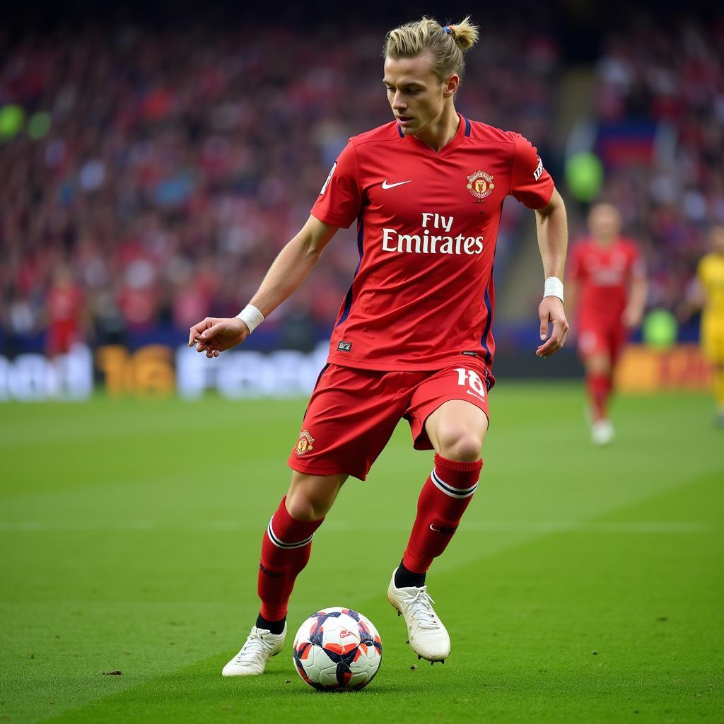 Frenkie de Jong, controlling the midfield with precise passes and tactical awareness, orchestrating FC Barcelona's attack.