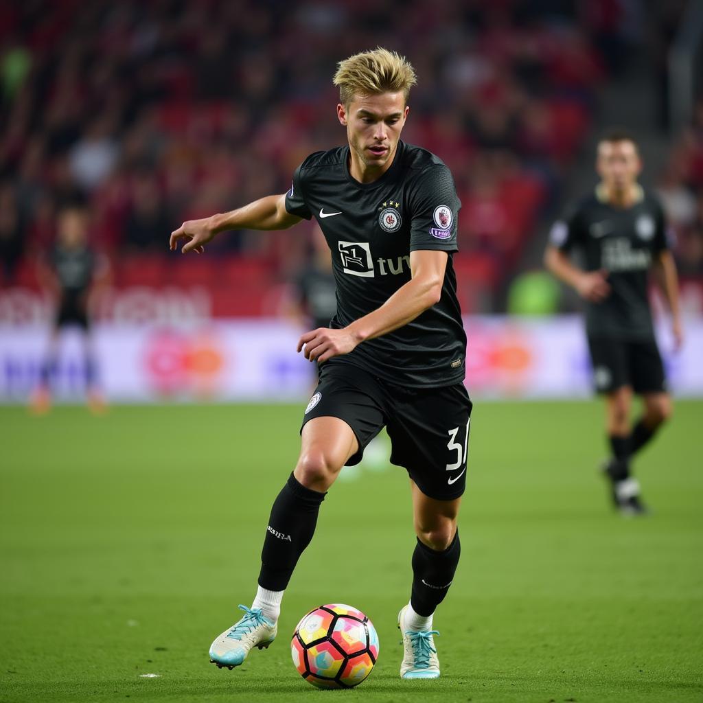 Frenkie de Jong executing a precise pass, dictating the play with his vision and accuracy.