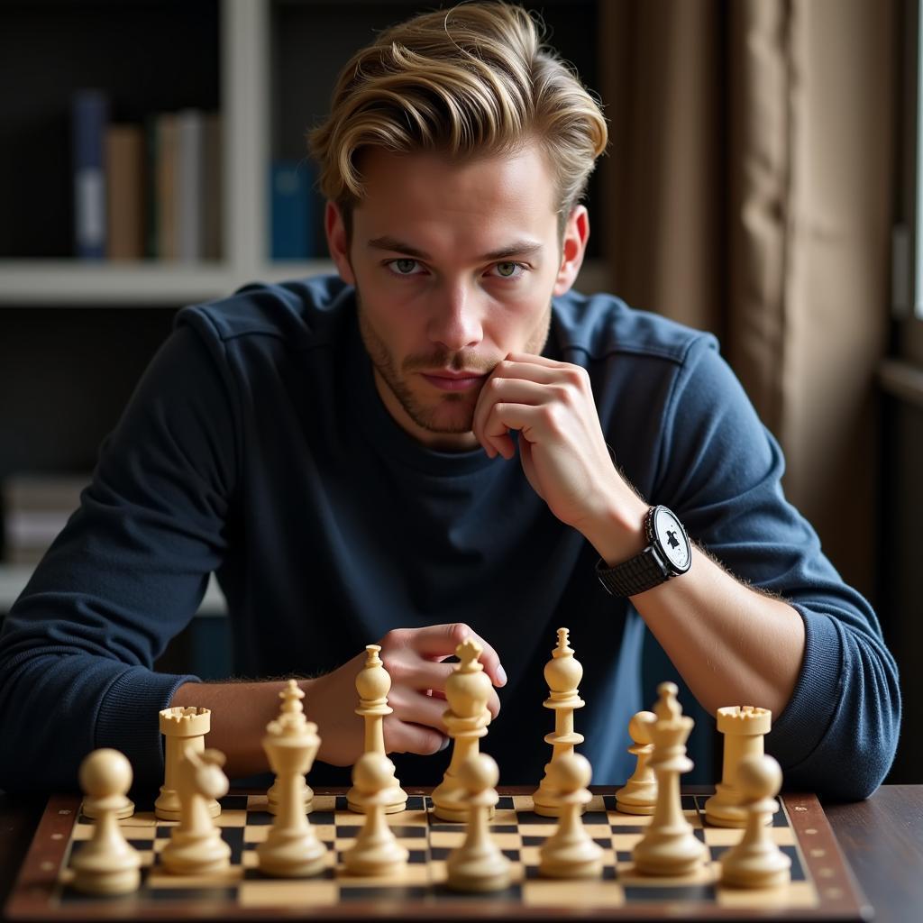 Frenkie de Jong concentrating on a chess game