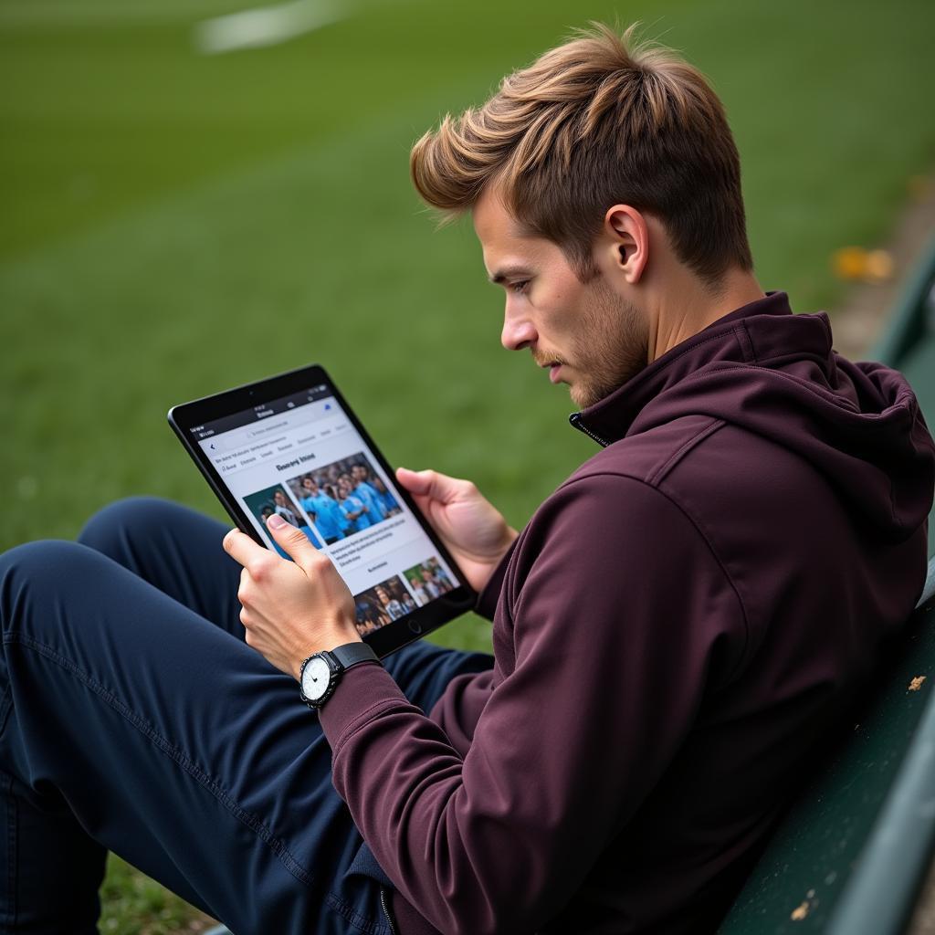 Frenkie de Jong reading sports news on his tablet