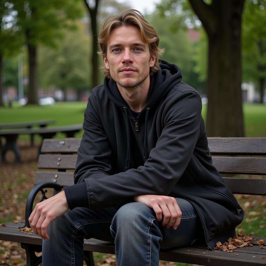 Frenkie de Jong taking a break on a park bench