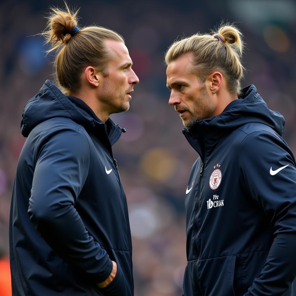 Frenkie de Jong engaged in a tactical discussion with his coach