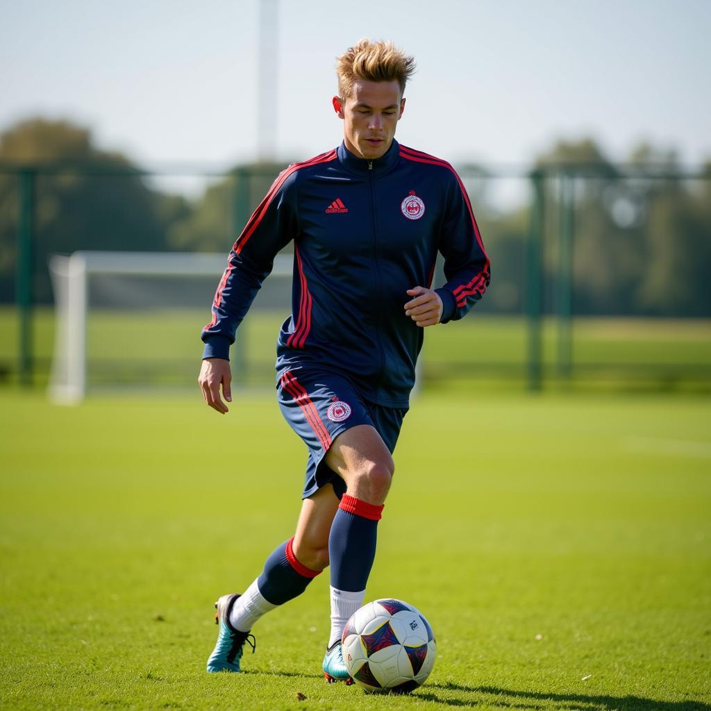 Frenkie de Jong training intensely on a vibrant green football pitch