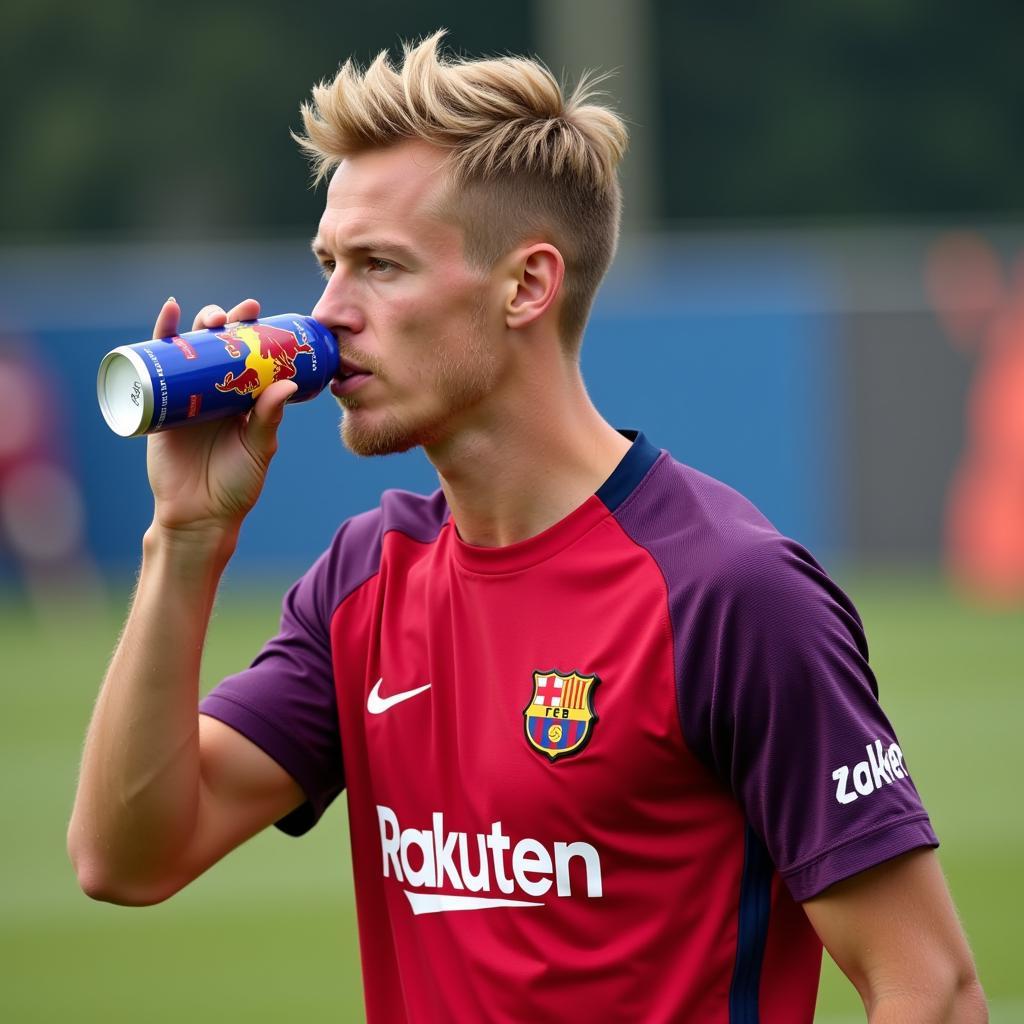 Frenkie de Jong training with a Red Bull in hand