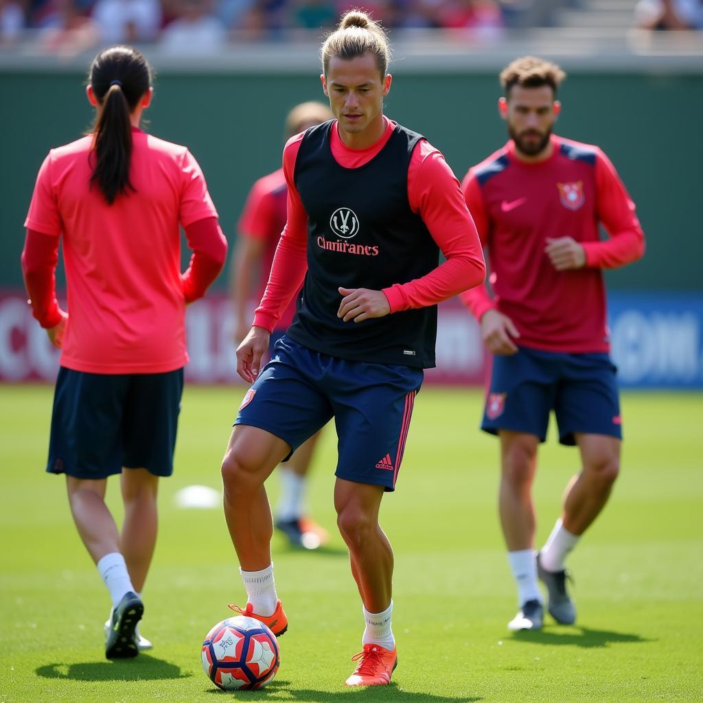 Frenkie de Jong training intensely with teammates