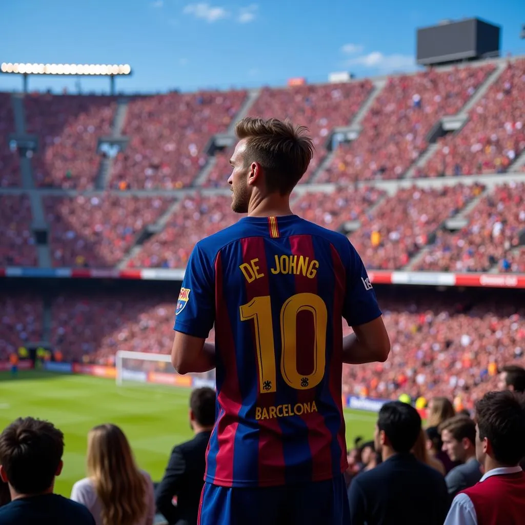 Frenkie de Jong sporting his Barcelona jersey at Camp Nou, surrounded by fans