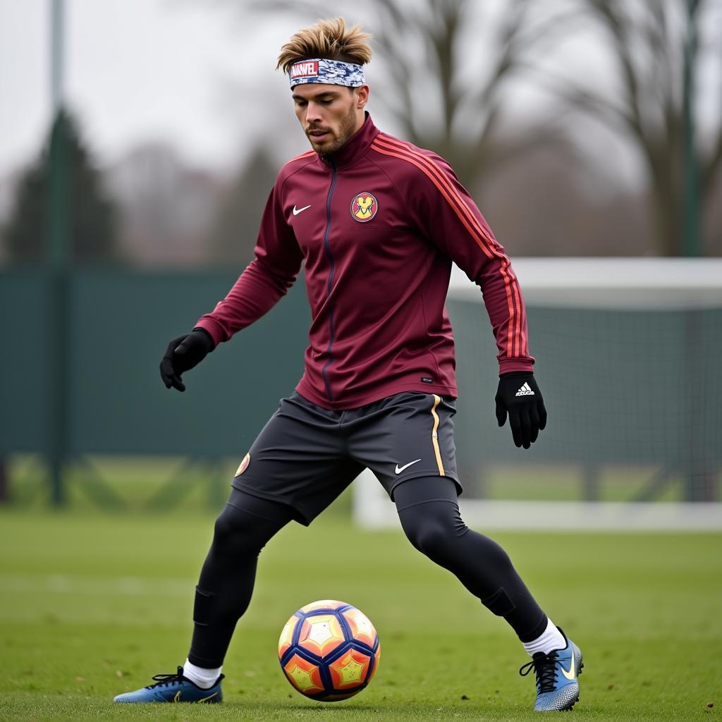 Frenkie de Jong sporting a Marvel headband during a training session.