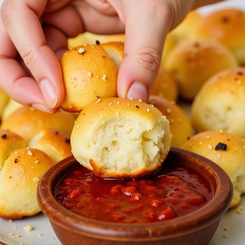 A serving plate of freshly baked garlic rolls arranged around a bowl of vibrant red marinara sauce.