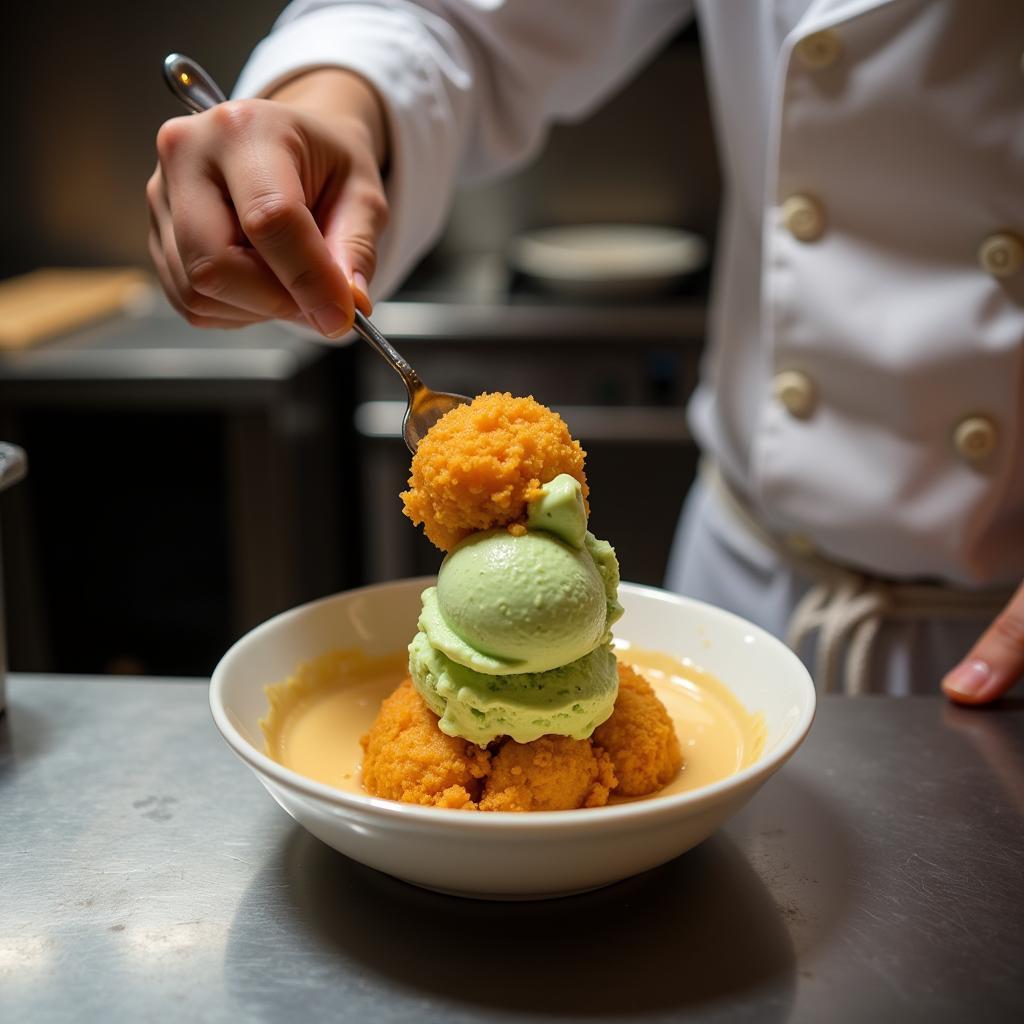  Preparation of fried green tea ice cream 