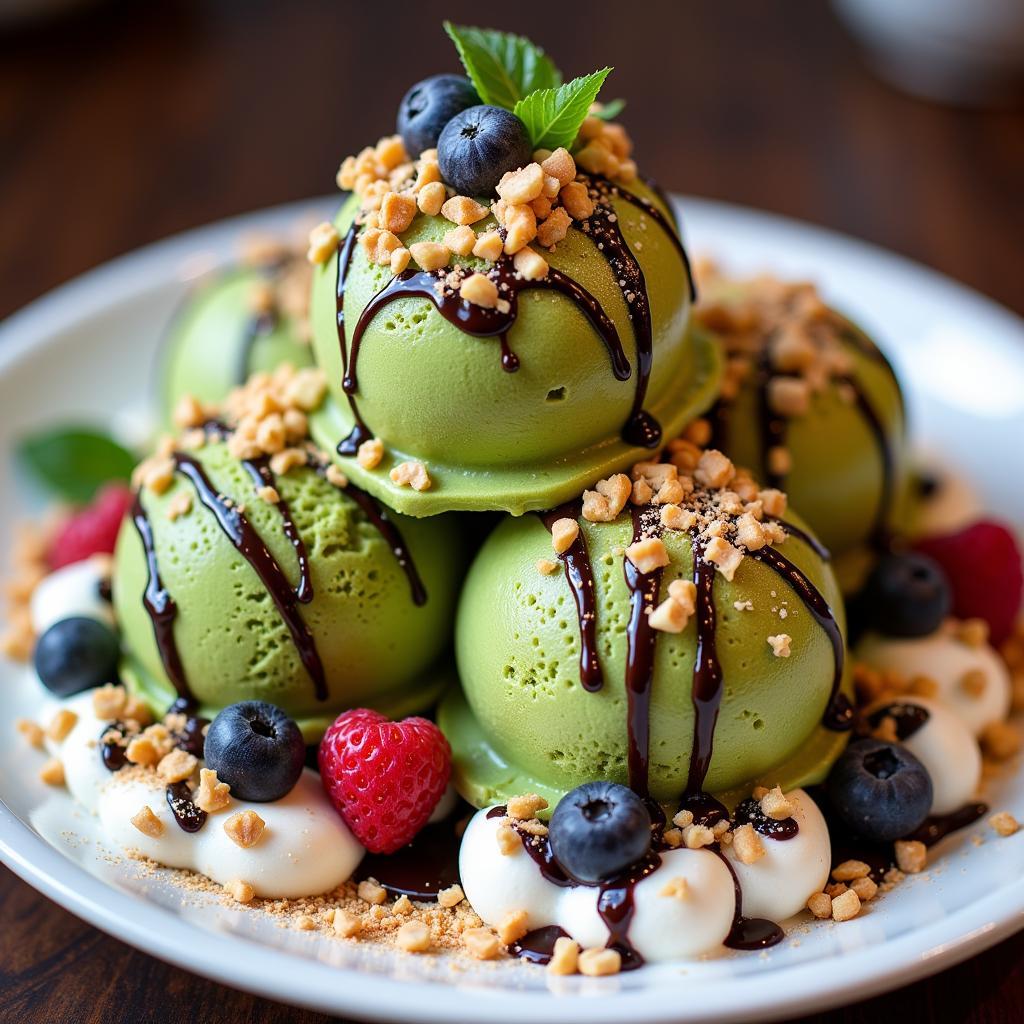 Fried green tea ice cream platter with toppings