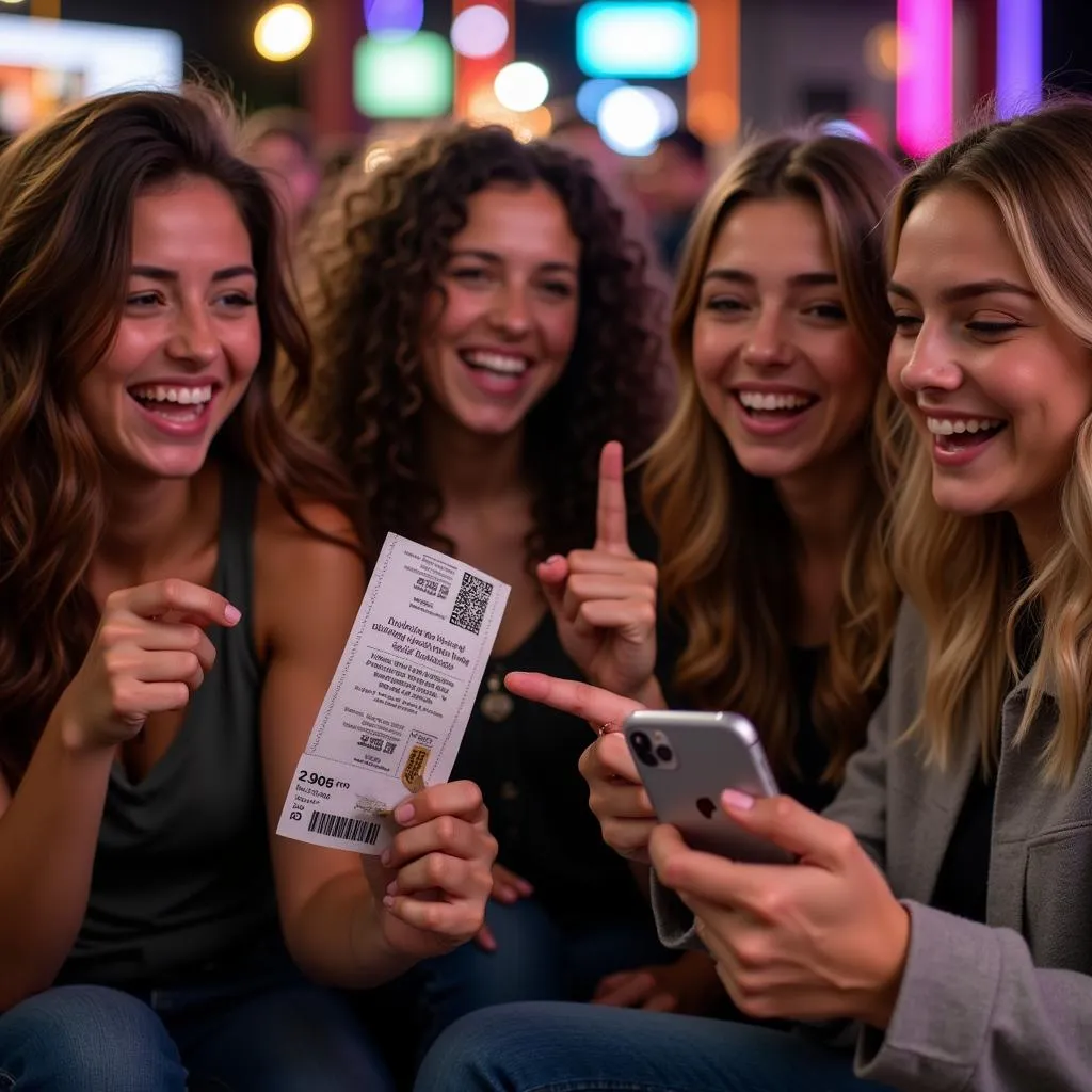 Group of friends discussing Aurora Theatre coupons