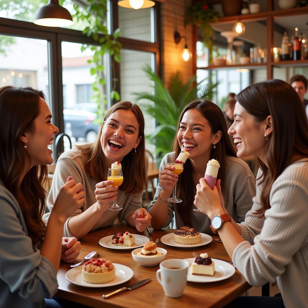 A group of friends laughing and enjoying a variety of desserts at a cozy cafe