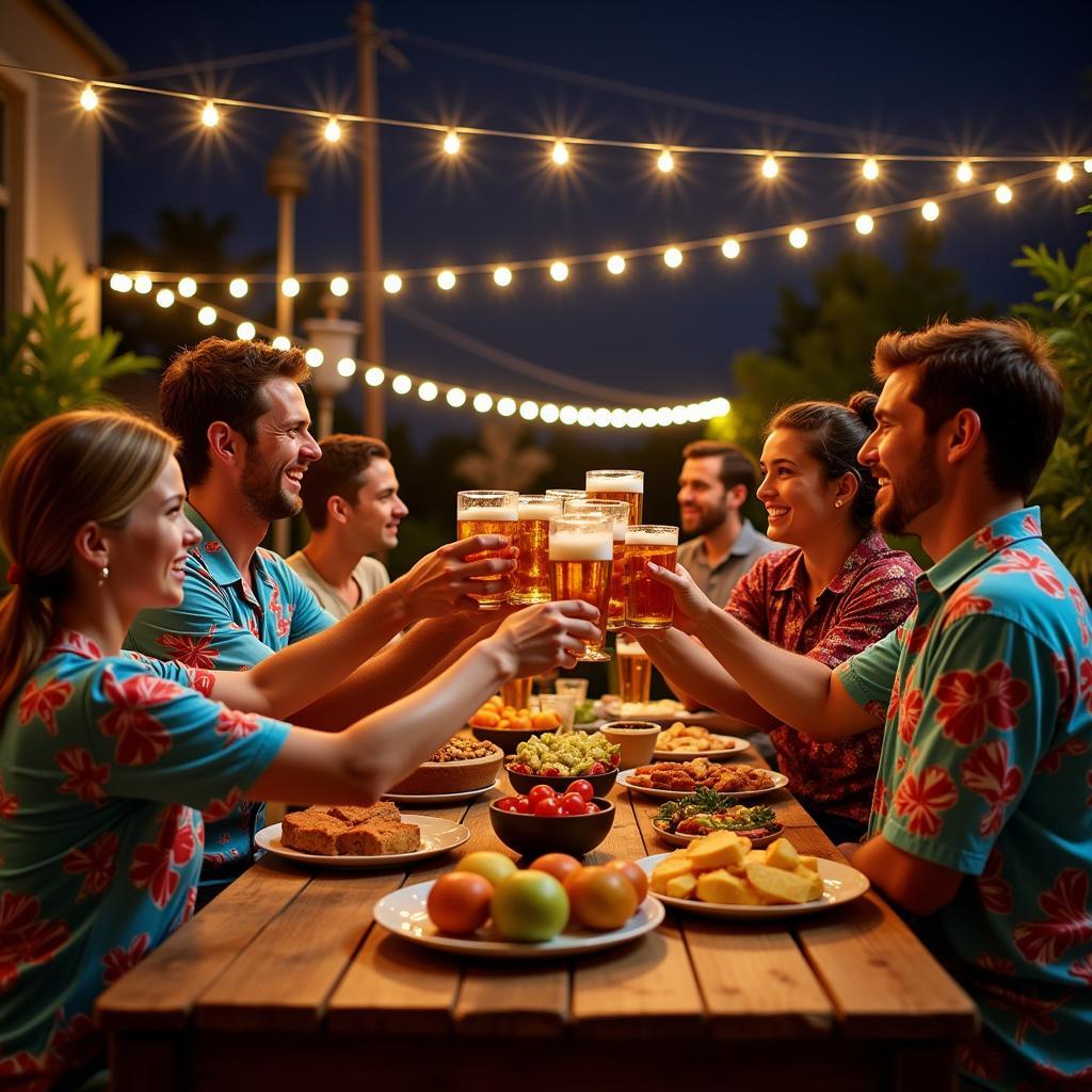 Friends enjoying a luau, toasting with Bud Light, all wearing Hawaiian shirts