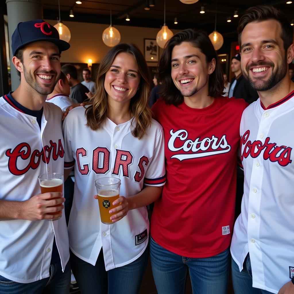 Friends Wearing Coors Light Baseball Jerseys at a Game Day Gathering