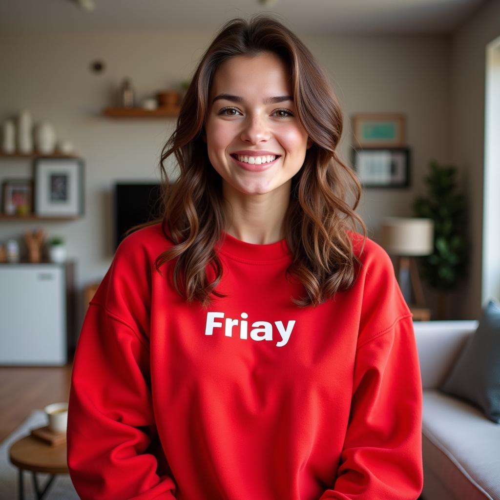 Woman smiling wearing a Friyay sweatshirt