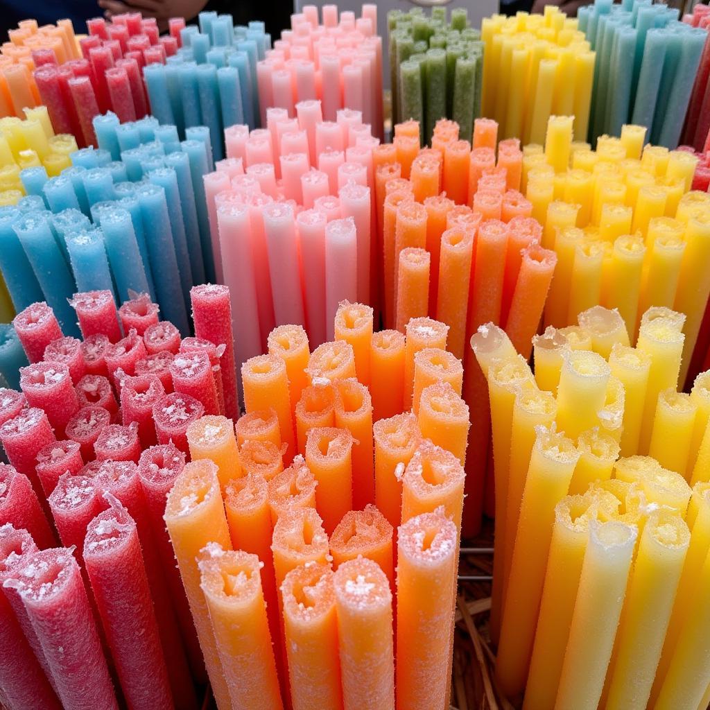 Display of colorful frozen sugar cane sticks